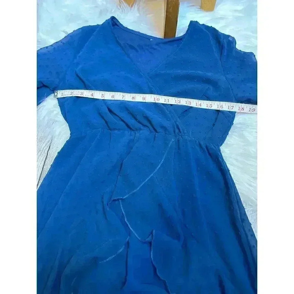Swiss Dot Faux Wrap Dress with Lining Deep Blue Size S - Picture 9 of 12